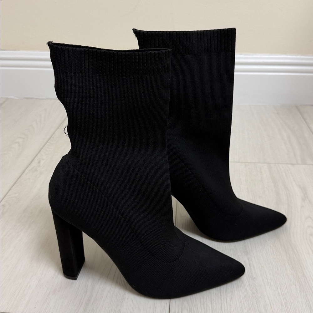 Liliana Stretch Knit Pointy Toe Platform Heeled Booties Black Size 10